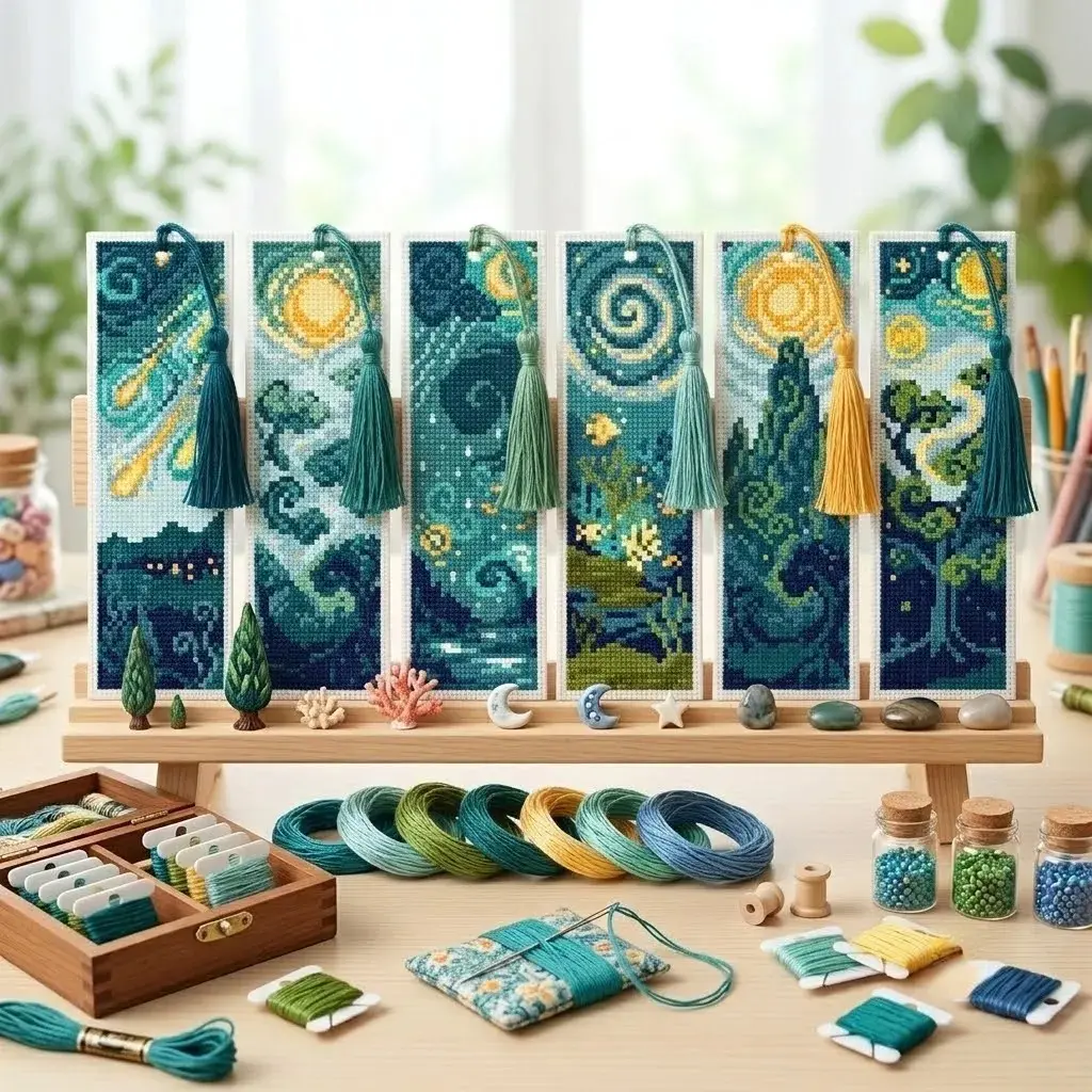 Cross Stitch Bookmark DIY Kit, 6 Van Gogh Style Starry Night Designs, Beginner Friendly, Includes Supplies, Perfect Gift, Home Decor
