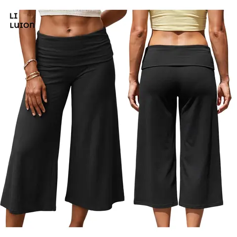 Women Summer Fold Over Wide Leg Capri Pants Low Rise Lounge Yoga Flare Culottes Y2k Soft Flowy Crop Palazzo Pants Beach Womenswear Bottom