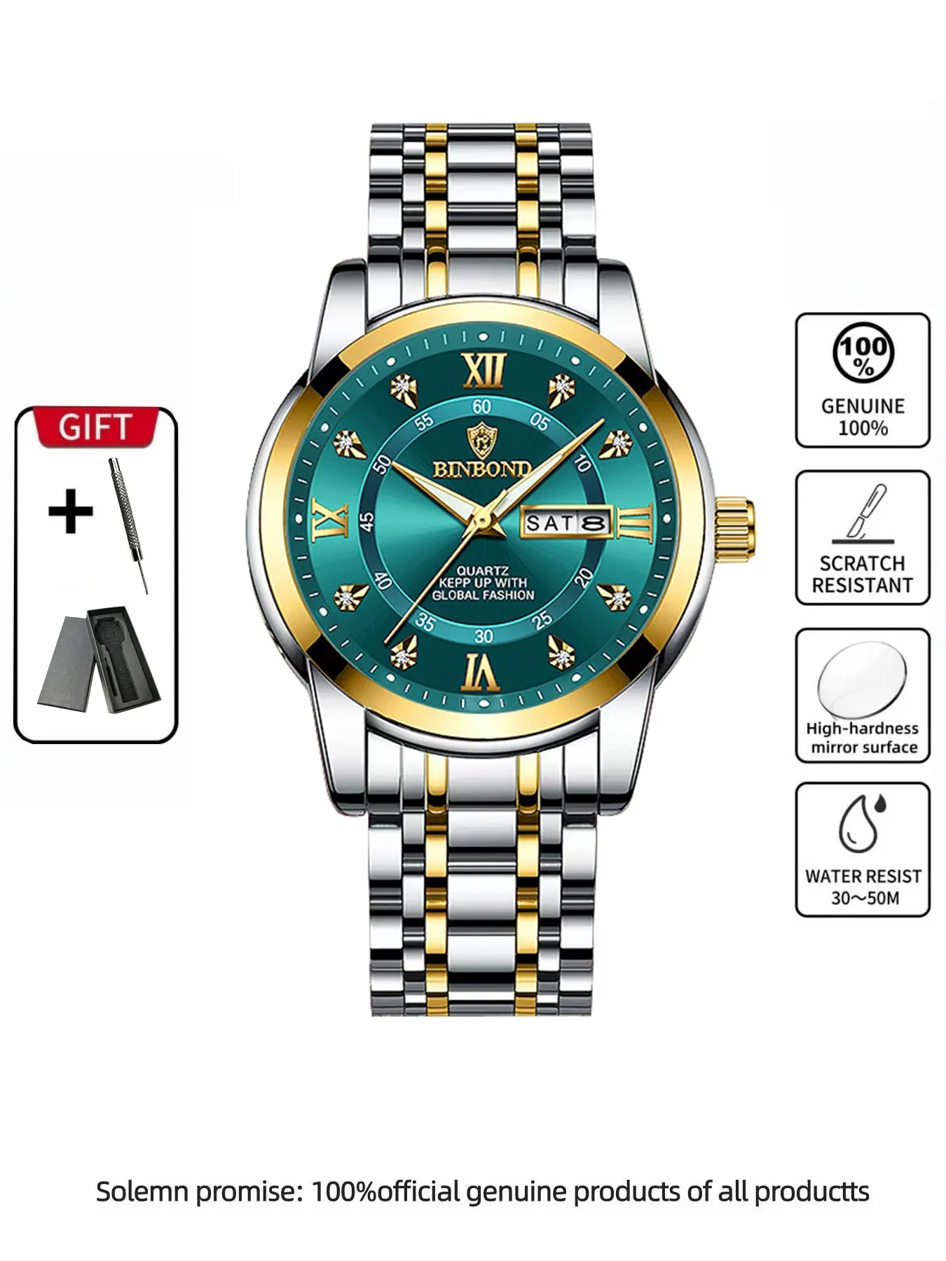 Binbond Men's Luxury Quartz Watch, Trendy Exquisite Watch, Analog Dial, Waterproof Business Sport Wristwatch, Zinc Alloy Case, Coated Glass, Buckle Closure, Analogue Quartz Watch, Quartz Wrist Watches