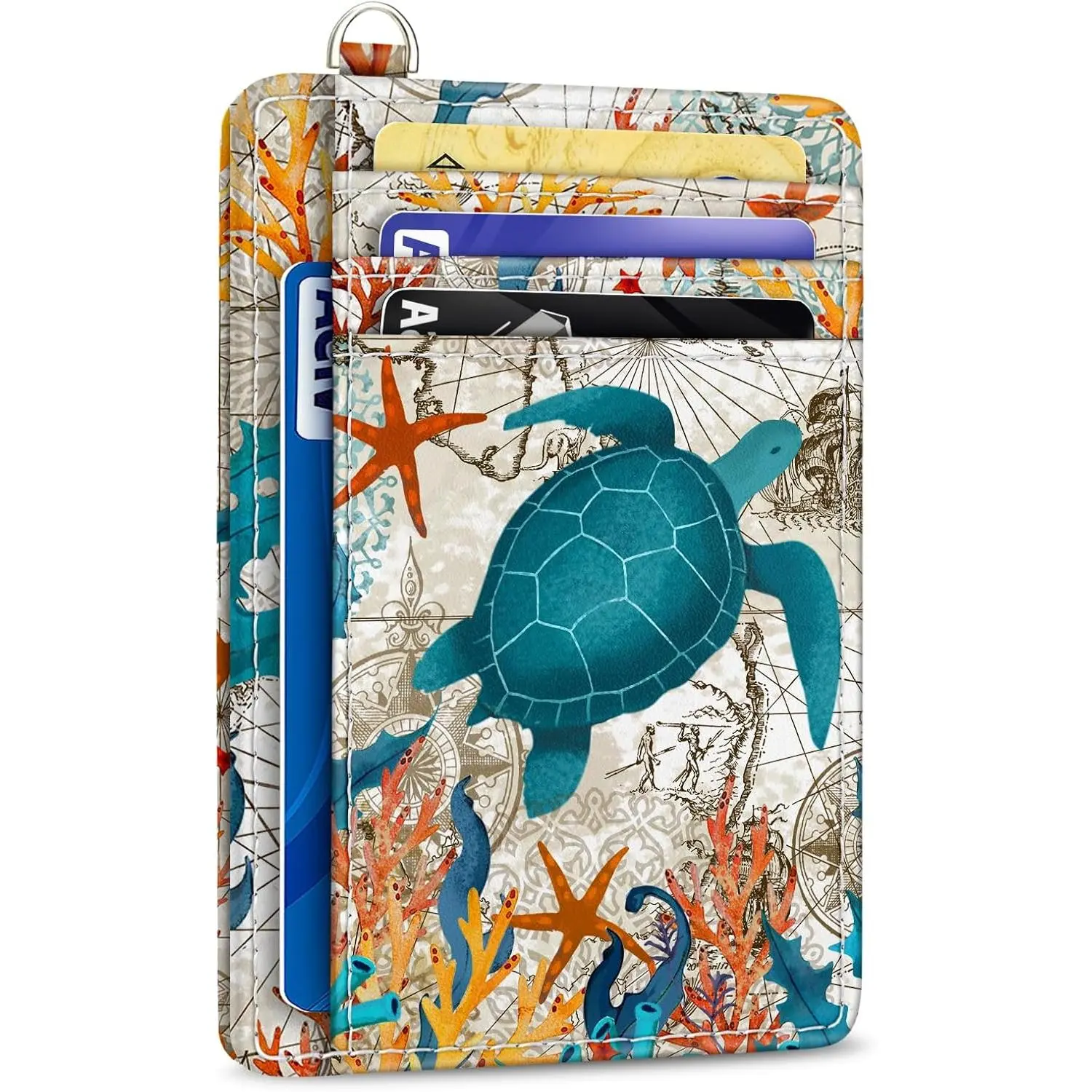 Yonlevres Credit Card Holder Slim Wallet, Sea Turtle RFID Wallet Women Front Pocket Small Card Holder Travel Cute Funny Thin Card Case ID Window PU Leather RFID Blocking Card Organizer Gifts Girls