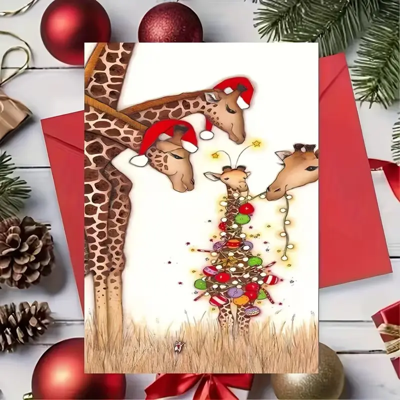 Cute Giraffe Family Christmas Greeting Card With Matching Envelope, Cartoon Santa Hat Giraffe Christmas Tree Blank Note Card, Hand Drawn Safari Animal Holiday Card For Christmas Gift