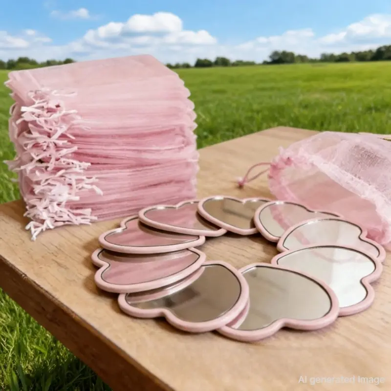 Bulk Mini Heart Makeup Mirror with Organza Bags, 15 Pink Framed Pocket Mirrors & 15 Drawstring Gift Pouches, Compact Handheld Beauty Mirror for Bridesmaid Proposal Gifts, Birthday Party Souvenirs, Women Daily Travel Makeup Touch Up
