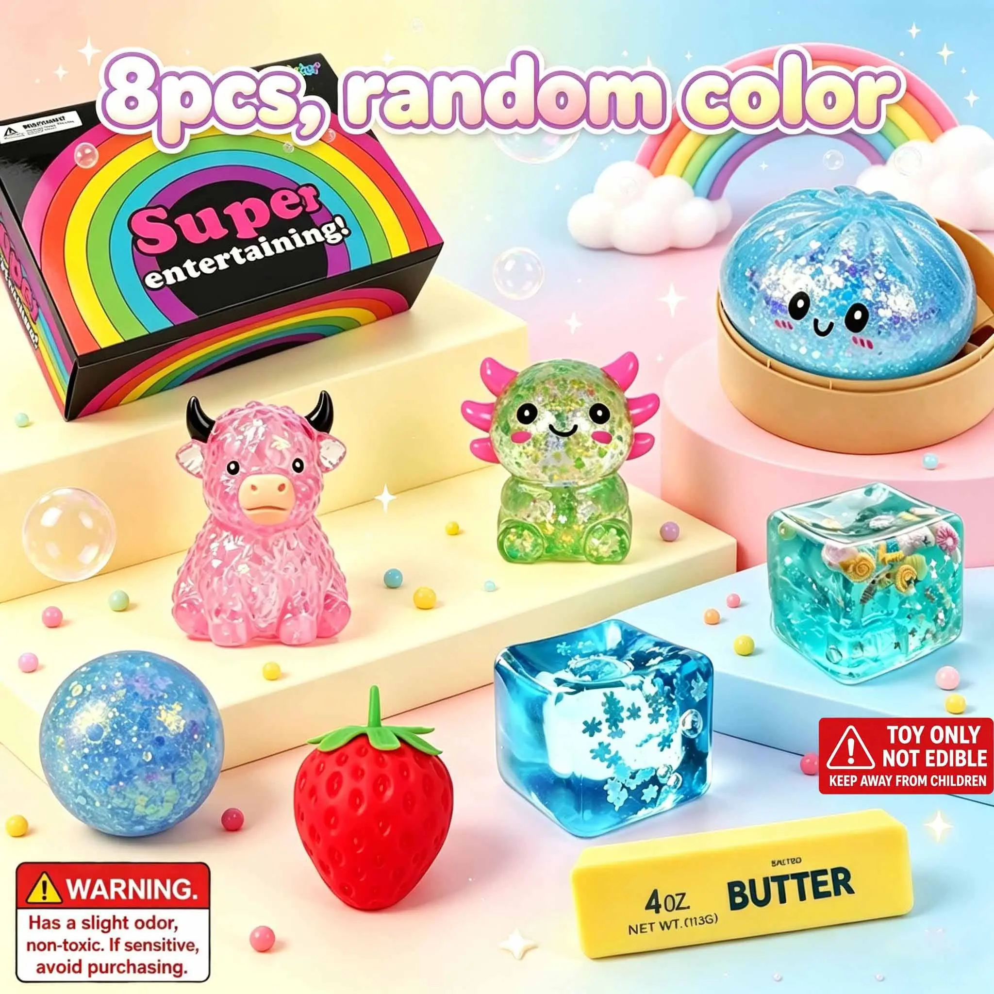 8Pcs Full Assortment Mixed Theme Squishy Gift Box, Squishy Fidgets Set, Dual Texture Slow Rebound PU & Clear Glitter TPR Fidget Squeeze Toy, Random Gradient Color, Portable Sensory Stress Reliever, Kids Birthday Present, Classroom Reward & Tabletop Decor