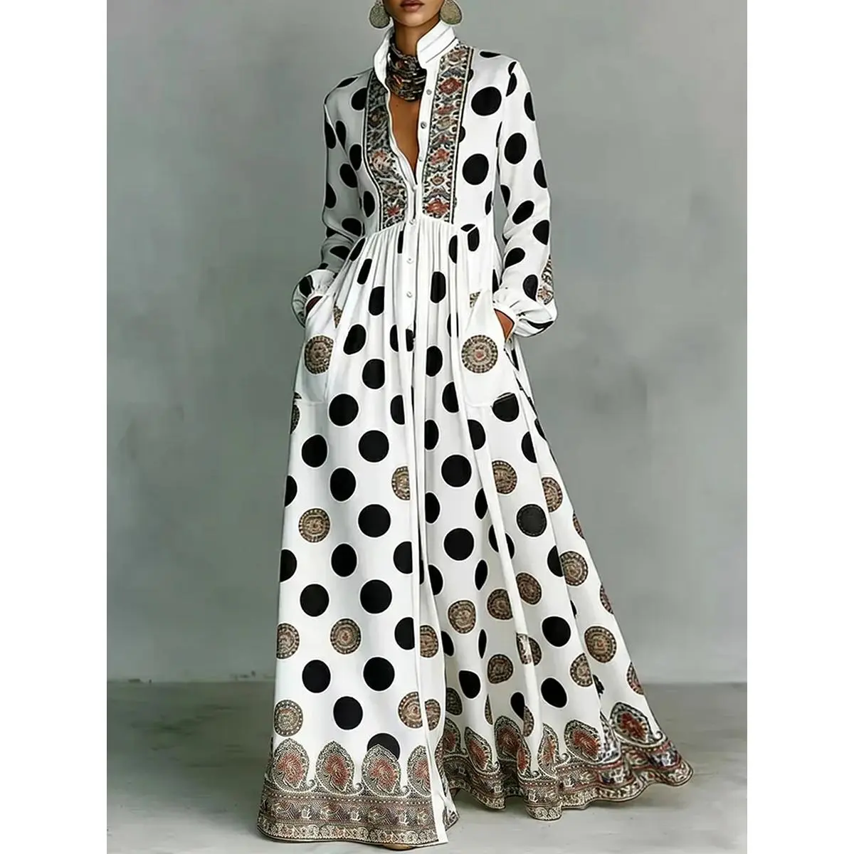 High Waisted Long Sleeves Big Hemline Buttoned Contrast Color Pleated Pockets Polka-Dot Stand Collar Maxi Dresses