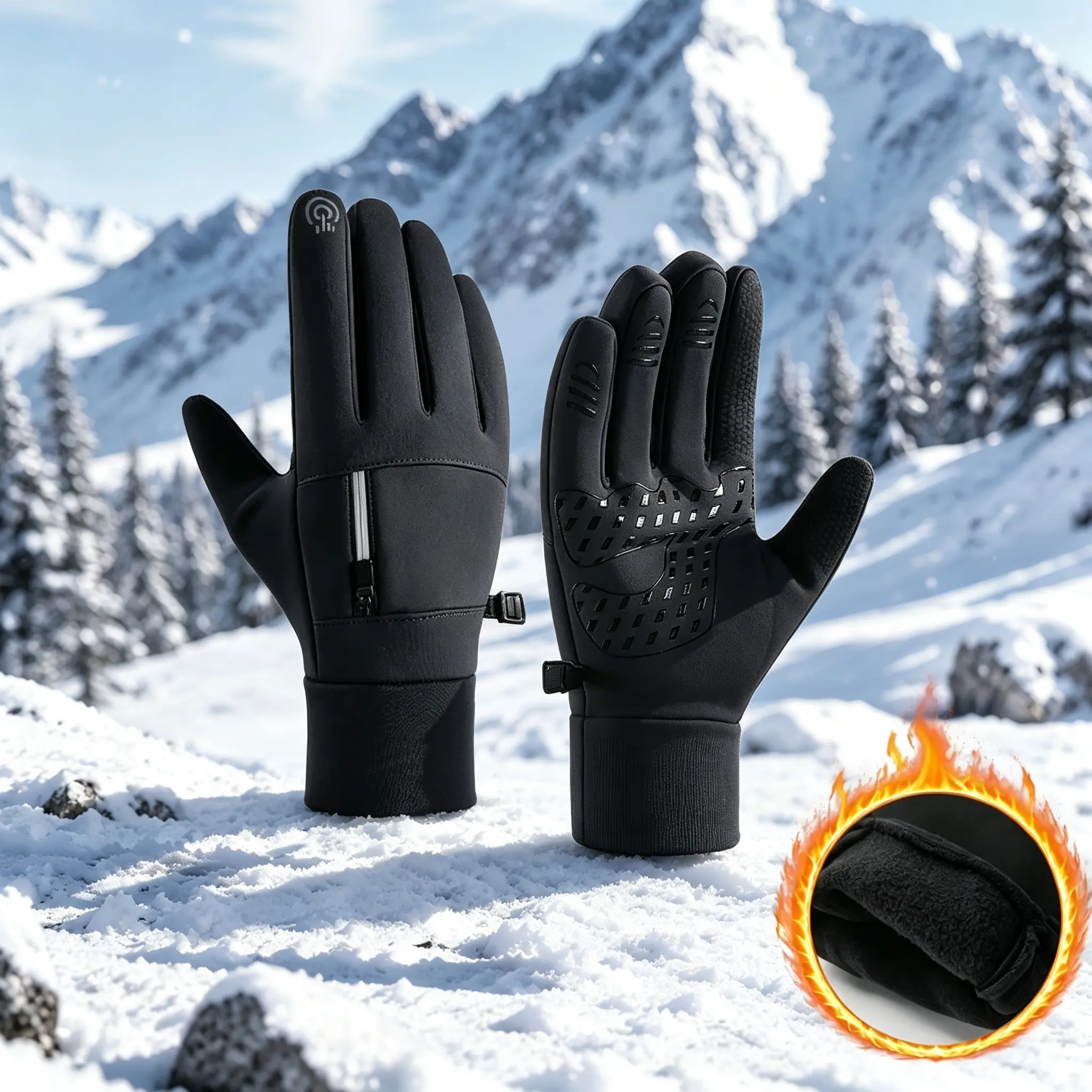 Men's Winter Thermal Gloves, Thick Fleece Lined Waterproof Cycling Gloves, Windproof Anti-Slip Outdoor Gloves with Hidden Pocket & Touchscreen Function for Cold Weather