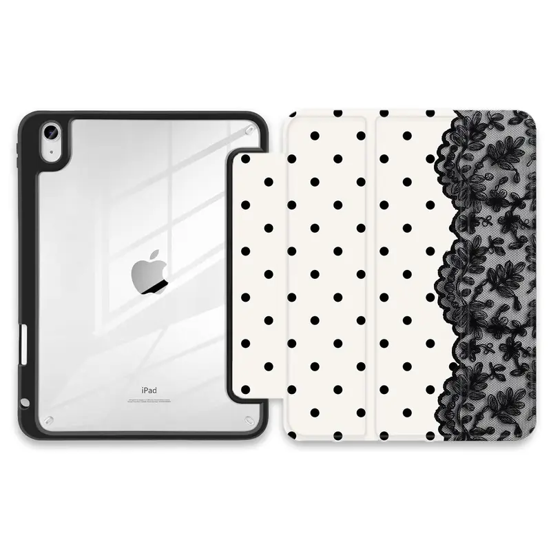 Women's Tri-Fold Tablet Casing with Pencil Slot - Smooth Silk Mocha Texture Folio Cover, Lace-Dot Retro Look, Retro Floral Accents, Sturdy PC Back, Shockproof Magnetic Protection for iPad Series (Accessories for Women)