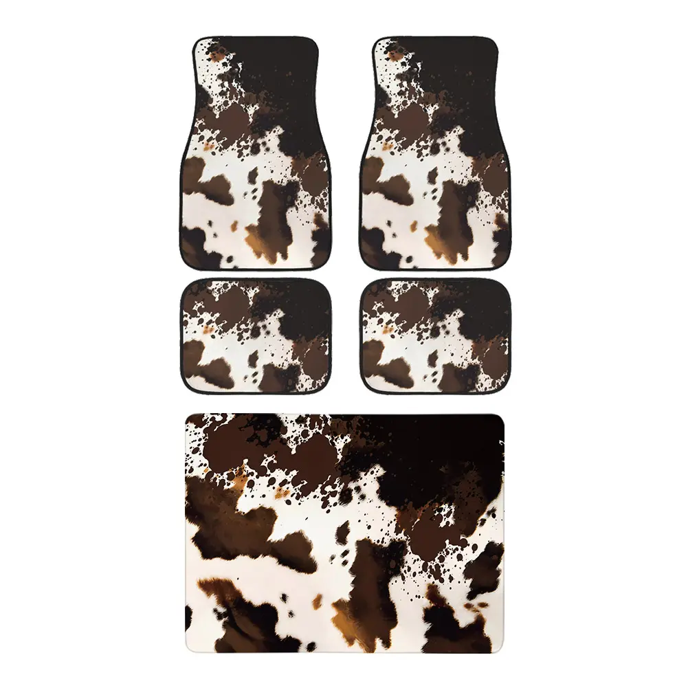 Car Floor Mats 4Pcs and Cargo Trunk Mat Set, Brown White Cowhide Cow Print Pattern, 39.37in × 29.53in Trunk Liner, Waterproof Dirt Resistant Non Slip Car Floor Liners for Car Owners, Protect Vehicle Interior From Mud, Spills and Debris