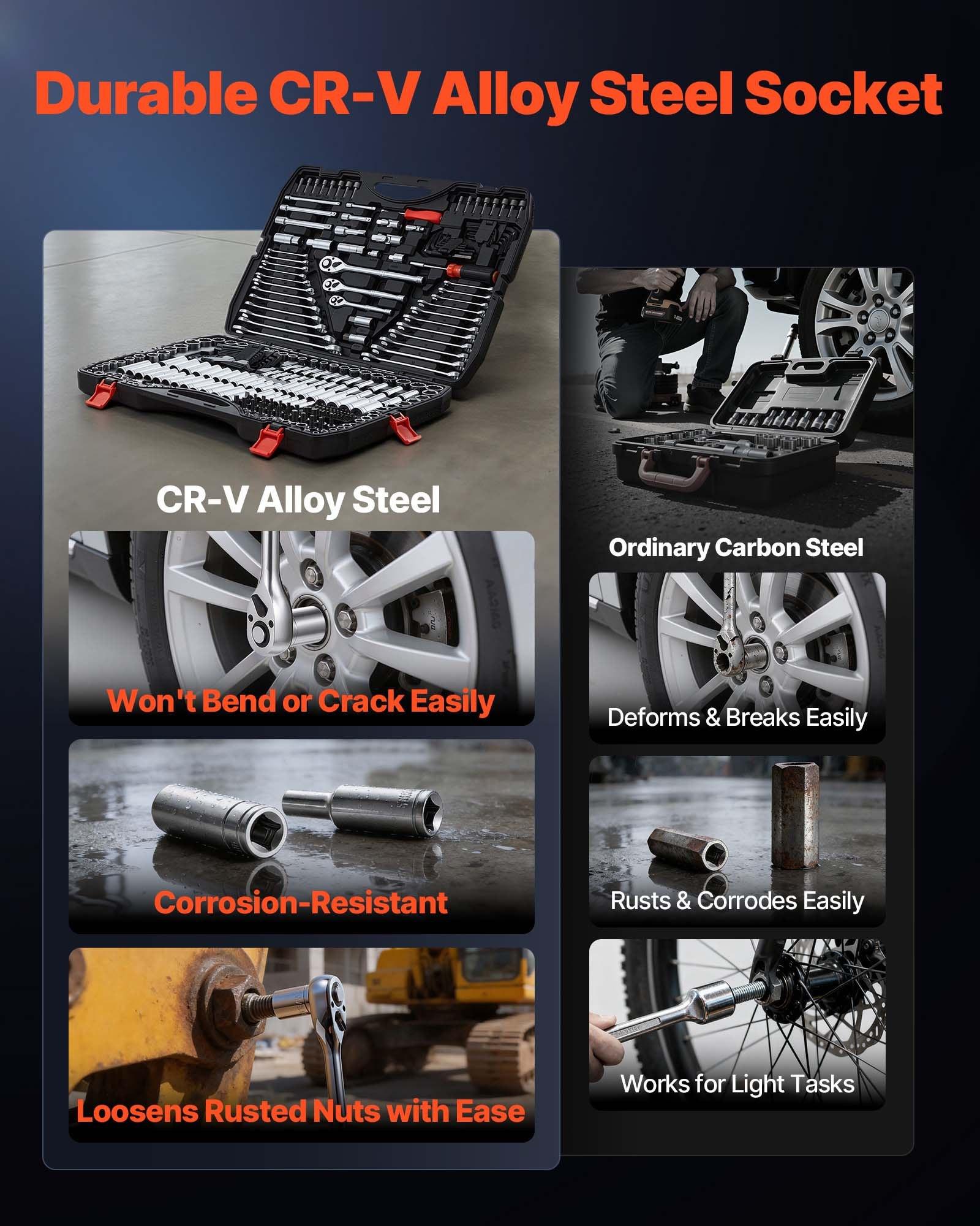 VEVOR Mechanics Tool Set, 308-Piece Mechanic Tool Kit, 1/4 in, 3/8 in, and 1/2 in Drive, SAE and Metric Socket Set, Wrenches, Screwdriver Bits, Accessories, and Storage Case, for Automotive Repair