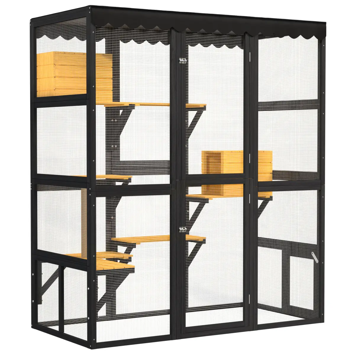 Cat Catio Outdoor Cat Enclosure for Multiple Indoor Outdoor Cats, Large Wooden Walk-in  Cat House with Window Connection , 2 Condos, 5 Platforms, 4 Doors, and Weatherproof Roof Cover