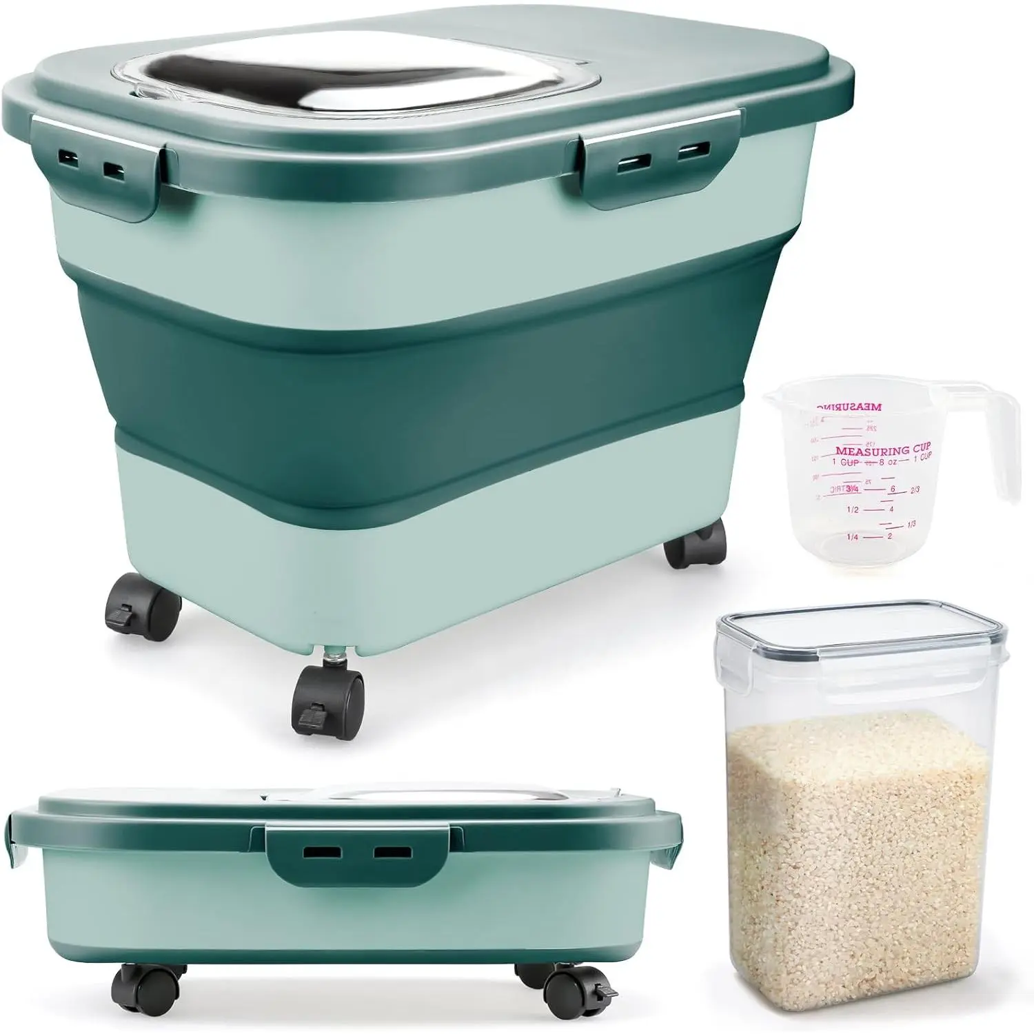 Rice Storage Containers, Collapsible 20 to 30Lbs  Storage Bin Dispenser with Rolling Wheel and Clear Airtight Lid,  Flour, Sugar, Cereal and    Containers