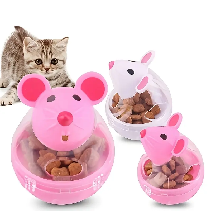 2pcs Interactive Cat Treat Dispenser Toy with Rolling Mouse Design, Pink White Plastic Cat Feeder Training Toy, No Battery Required Enrichment Play Toy for Kittens & Adult Cats