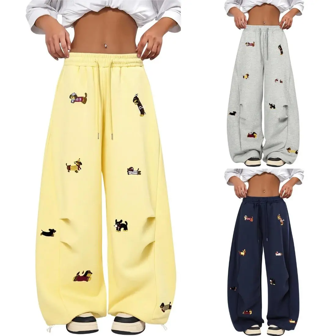 Women’s Embroidered Dog High Waist Drawstring Barrel Wide Leg Sweatpants, Vintage Baggy Y2K Soft Streetwear Athletic Lounge Trousers, Neutral Casual Holiday Loungewear Ideal Gift for Her | womens sweatpants | barrel pants | tiktok shop deals