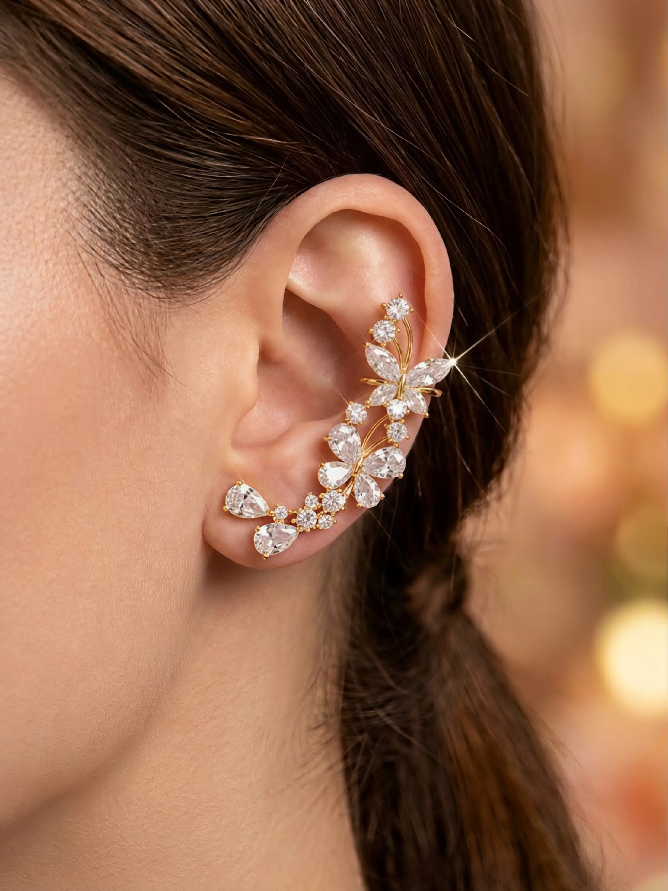 Sparkling Zircon Butterfly Ear Cuff for Women,Ear Climber Earrings,Shiny Rhinestone Floral Ear Wrap,Bridal Wedding Party Jewelry Gift