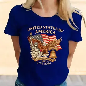 "United States Of America 250th Anniversary" Patriotic Cotton T-Shirt, USA Bicentennial Comfort Tee, Statue Of Liberty & Eagle Fashion Outfit, Oversized Casual Shirt, Fourth Of July & Anniversary Gift For Her