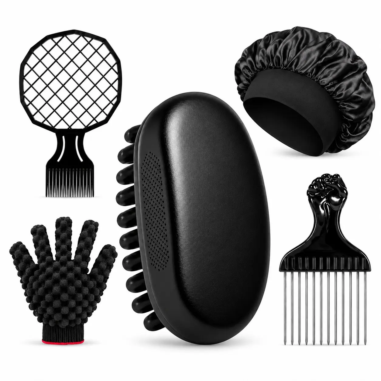 5PCS 4C Hair Twist & Styling Set, Twist Brush, Anti Tangle Hairbrush, Sponge Glove, Hair Pick & Bonnet for Defined Coils, Detangling, Volume, Scalp Massage & Overnight Hair Protection, Curly Coily Kinky Hair, Men & Women