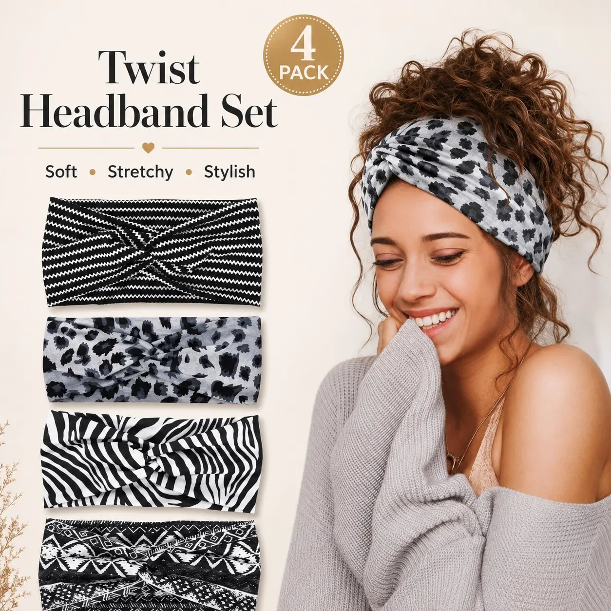 4-Pack Elastic Hairbands for Bath & Skincare, Twist Design Headbands for Face Washing, Makeup, Shower Care, Sports, Daily Styling