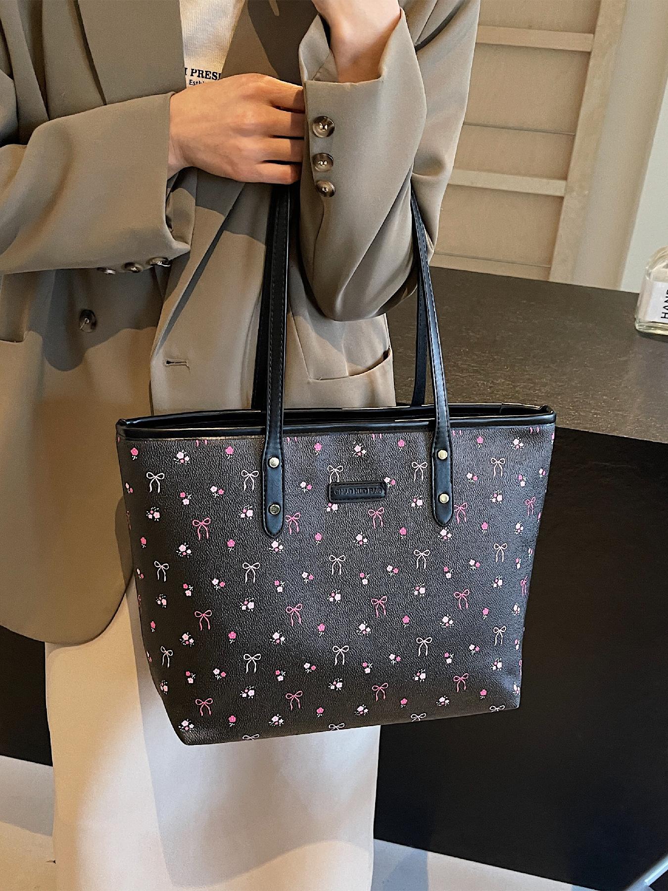 Fashionable Bowknot & Cherry Pattern Tote Bag, Handbag Tote Bag, Casual Versatile Shoulder Bag for Women, Trendy All-match Bag for Daily Use, Casual Lightweight Bag, Everyday Tote Bag