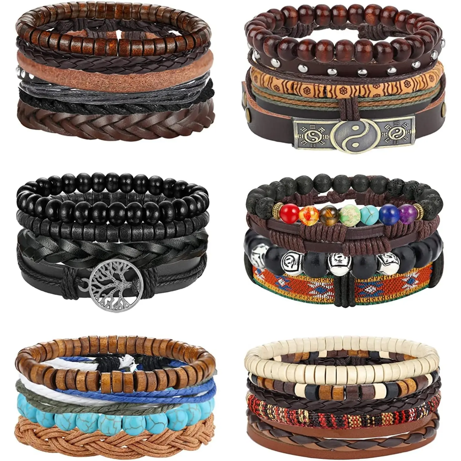 FUNRUN 28Pcs Mega Value Braided Leather Bracelets Jewelry Set • Tree of Life Wooden Beads Wrist Cuff Collection • Adjustable Vintage Wrap Jewelry for Men & Women