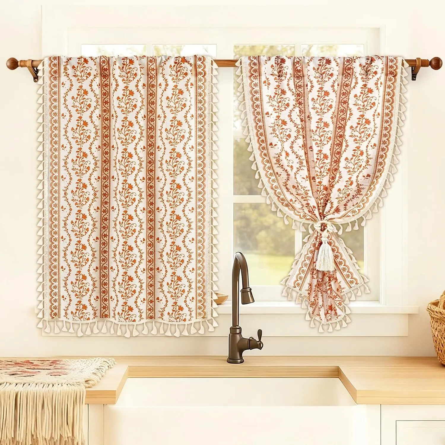 2-Panel Boho Linen Cafe Curtains, 36" Long Light Filter Drapes with Tassel & Tiebacks, Vintage Floral Rustic Farmhouse Rod Pocket Curtains for Cafe Windows, White Orange Set, Two Panels