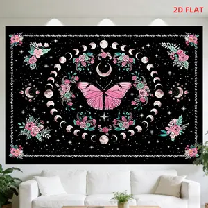Pink Butterfly Floral Design Tapestry Moon Phases, Starry Background, Black Backdrop Polyester Suitable for Bedroom, Living Room, Meditation Area, Office, Party Decoration