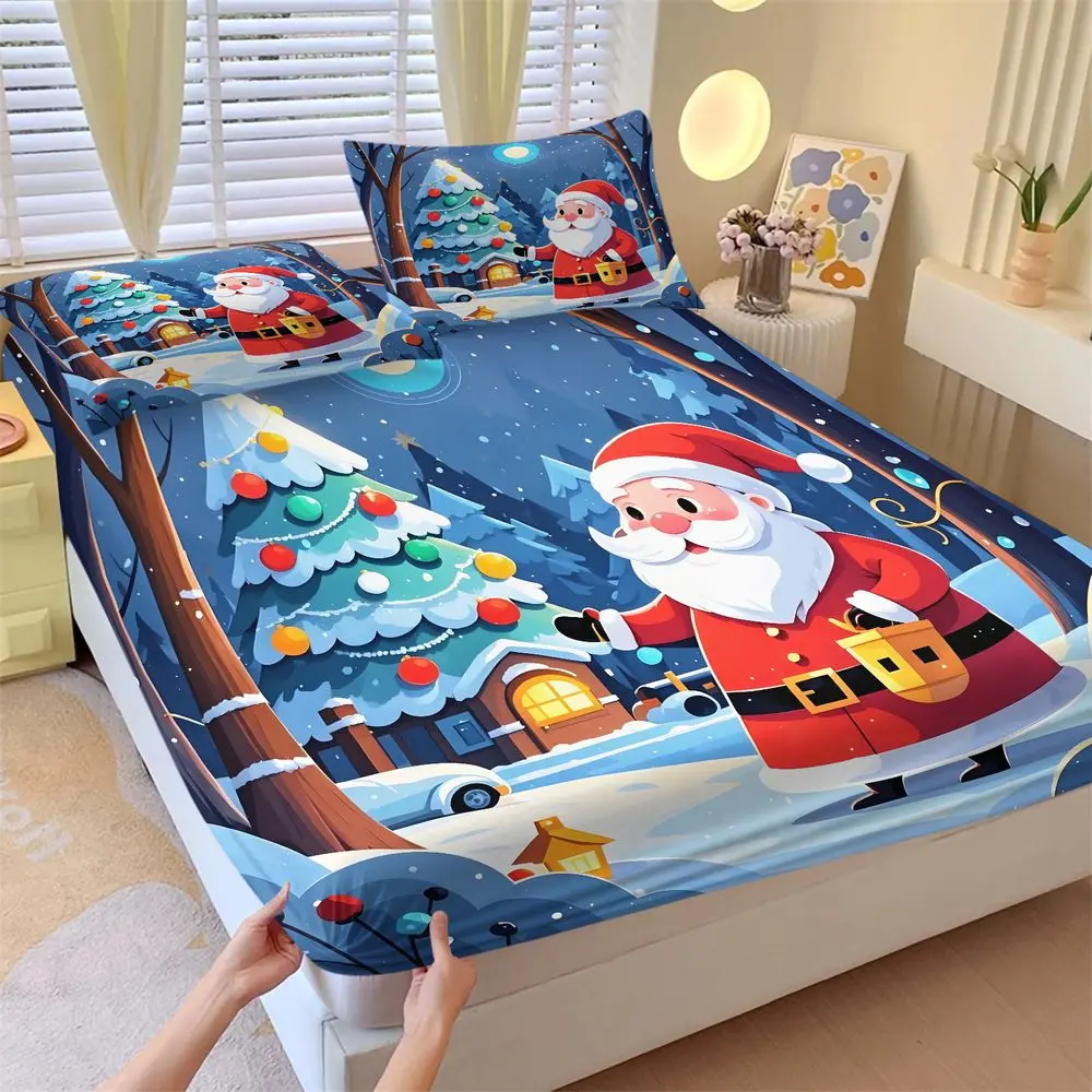 3Pcs Christmas Fitted Sheet Set, Festive Santa & Winter Forest Bed Sheets Set, Soft Holiday Bedding Set, Kids Bedroom Christmas Decor, Cozy Xmas Theme Bedding Accessories No Fillers