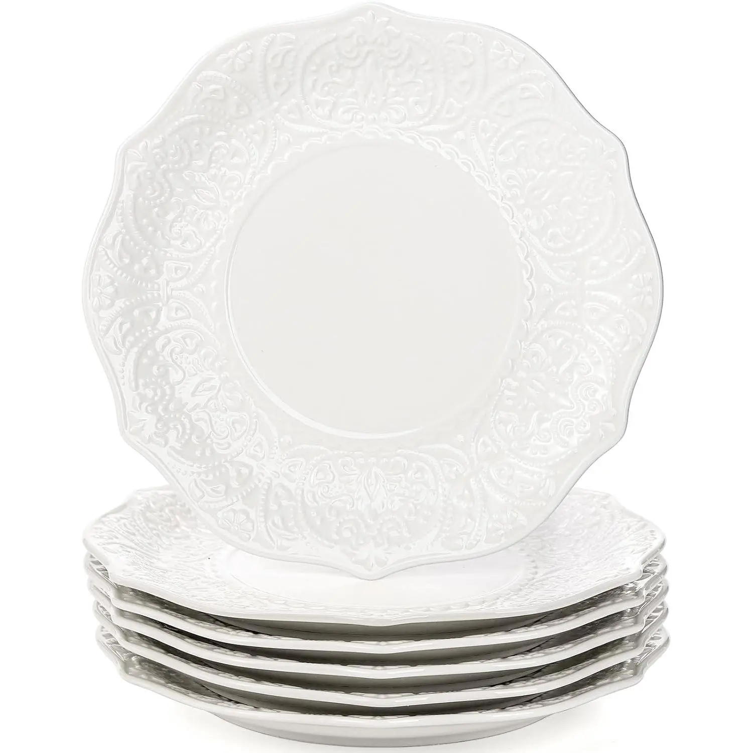 Set of 6 Salad Plate, 8 Inch Porcelain Dessert Serving Plates, Embossed Printing Small Dinner Dish for Pancakes, Steak, Microwave, Dishwasher Safe