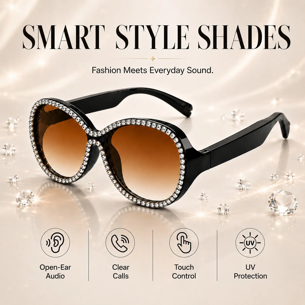 Rhinestone Smart Glasses for Women, Bluetooth Audio Sunglasses with Open-Ear Speakers, Built in Mic, Hands-Free Calls and Touch Control