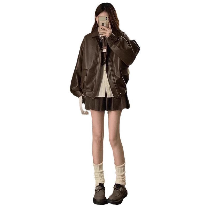 Maillard brown motorcycle leather jacket women 2026 new spring and autumn American retro windproof  jacket coat tide