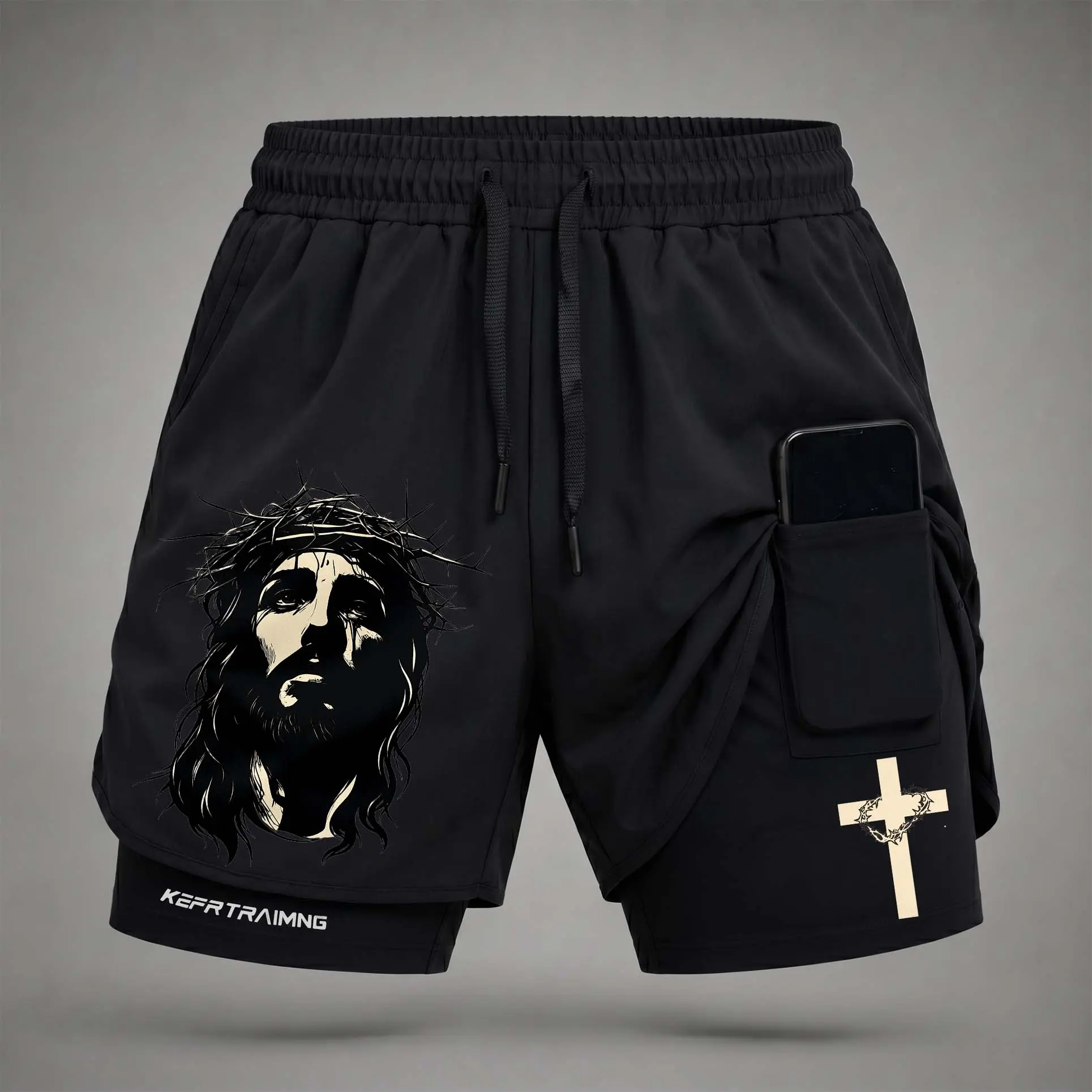 Men’s"Jesus & Crown of Thorns Cross Graphic Print 2-in-1 Athletic Shorts, Built-in Compression Liner, Secure Inner Phone Pocket, Elastic Drawstring Waist, Quick-Dry Gym Running Training Shorts for Summer Daily Wear