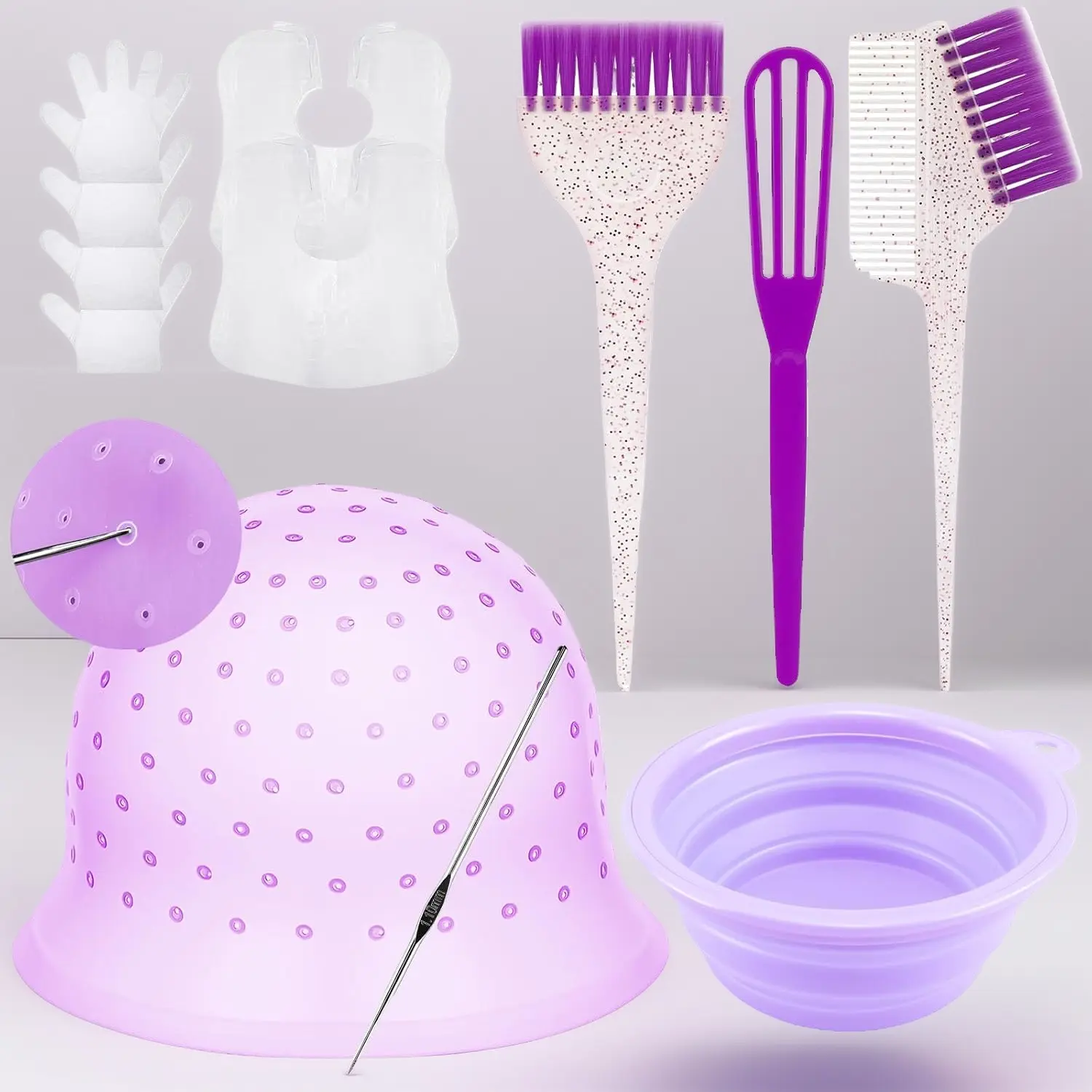 12PCS Hair Bleach Highlighting Kit with Hair Dye Brush and Bowl Set, Pre-Punched Silicone Highlight Cap, Hair Color Whisk Capes Gloves for Hair Bleaching Coloring Dying, At Home Salon Supplies
