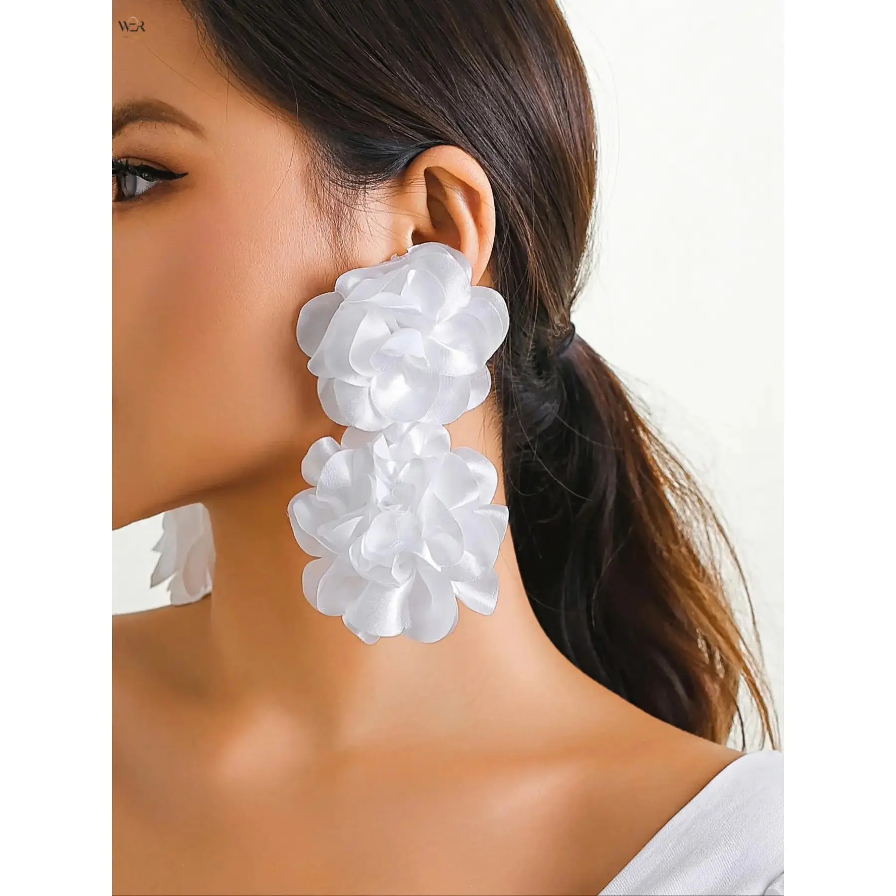 Women's Drop Earrings, Statement Layered Organza Full Blooming Design, Lightweight Elegant Party Accessory for Women, Feminine, Floral, 7 Cm, Earrings For Women, Flower Cluster Earrings