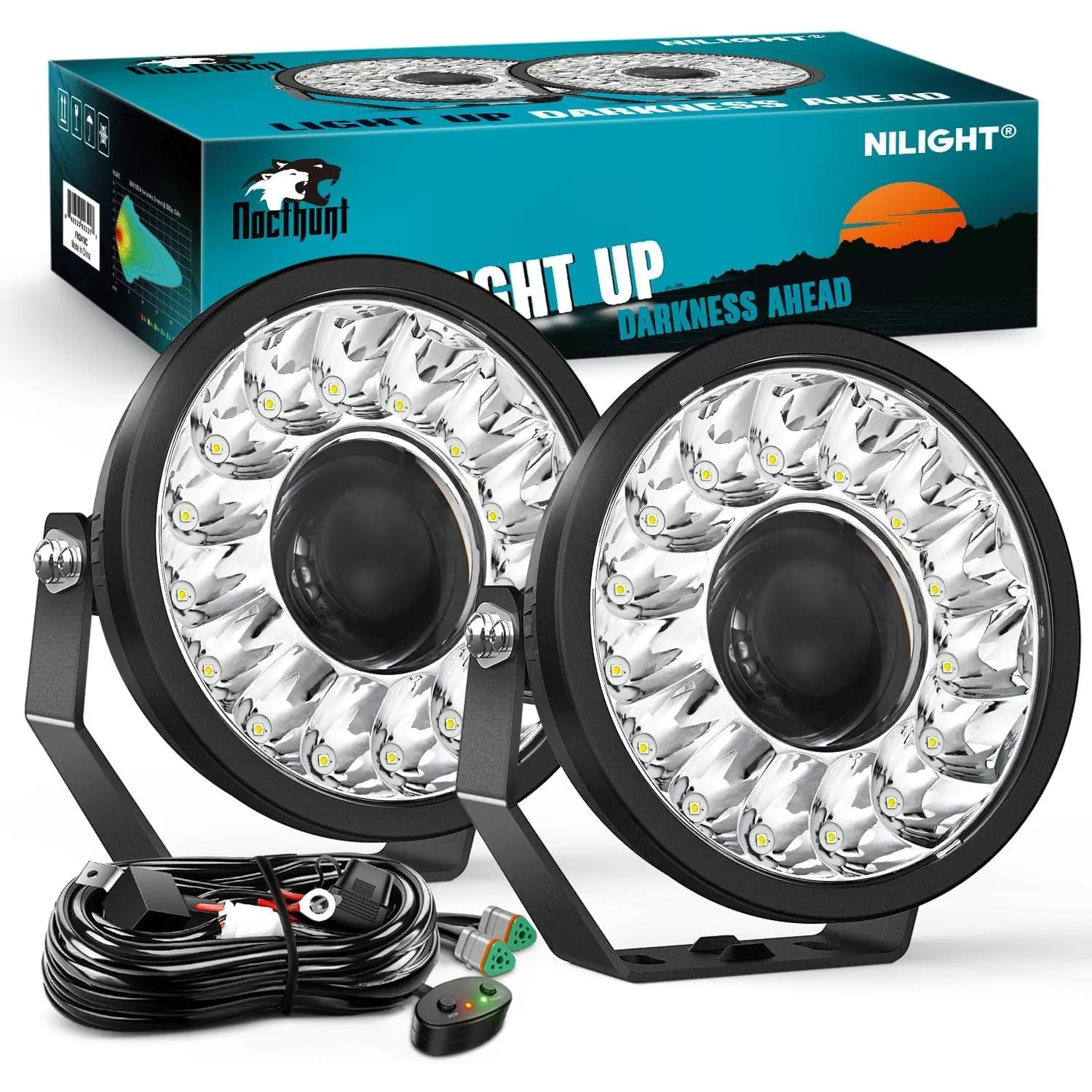 Nilight 7-Inch 100W Round LED Offroad Driving Lights with DRL, Hyper Spot Beam, 14 AWG DT Connector Wiring Harness Kit (2 PCS) & Triple Row Offroad Bars & Work Lights for Jeep, Truck