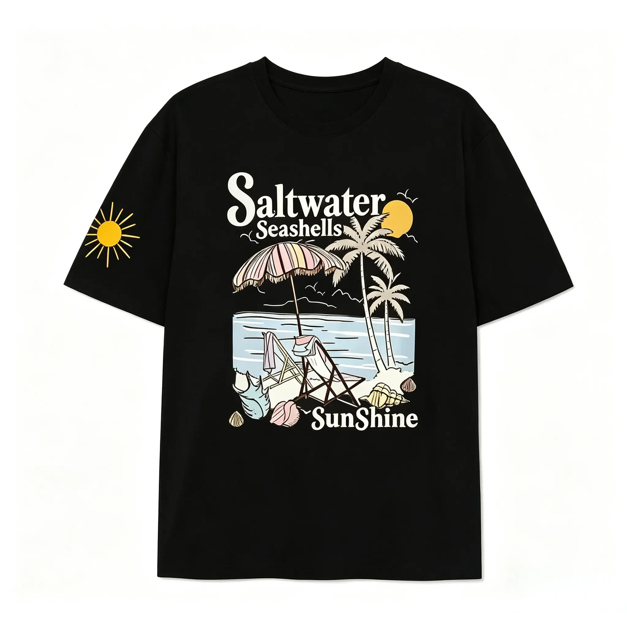 Unisex Vintage Coastal Beach Graphic Crewneck T-Shirt - Soft Cotton, Loose Fit, Dual Print Saltwater Seashells Sunshine Tropical Palm, Aesthetic Streetwear Novelty Short-Sleeve, Summer Holiday Casual Top