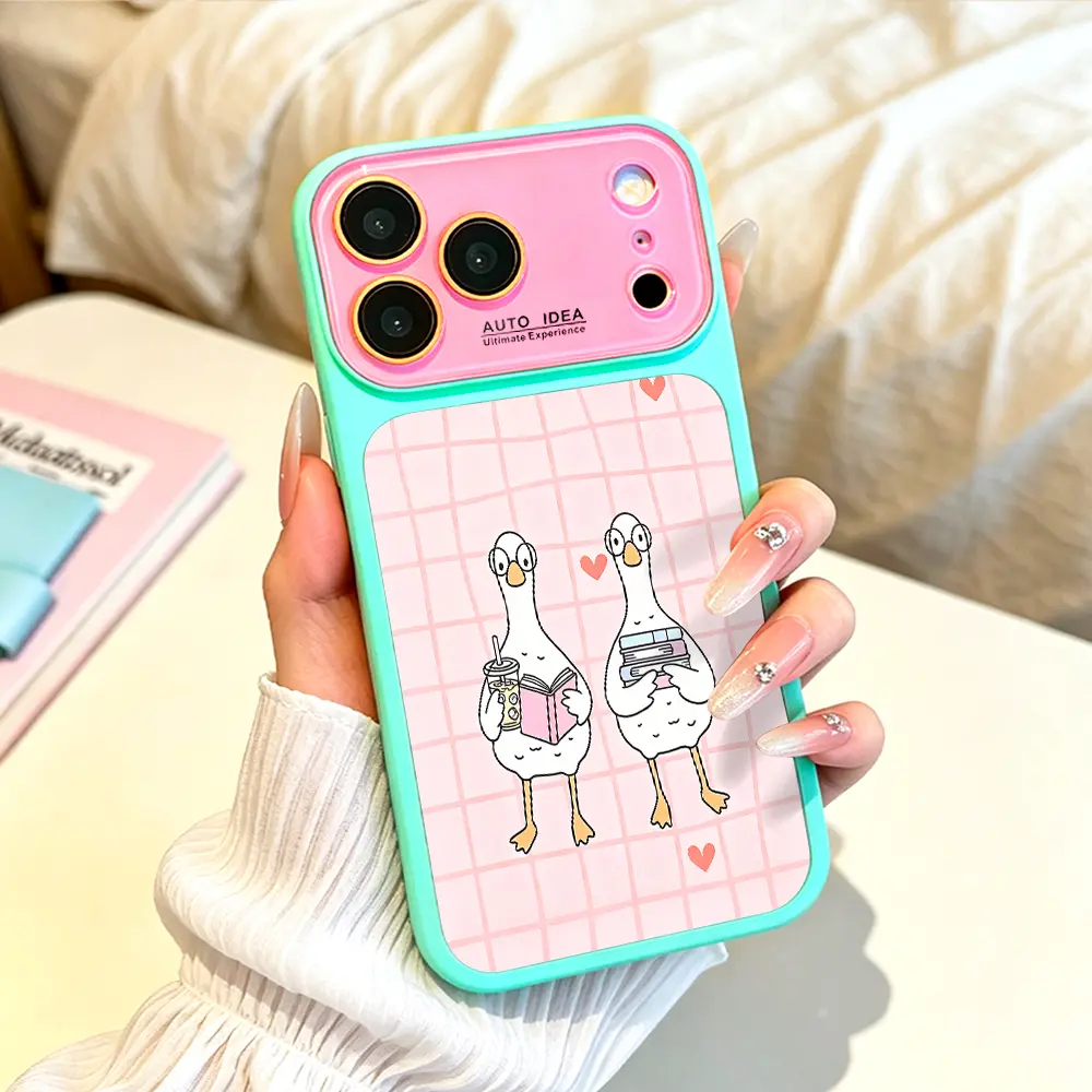Dopamine Color Block Cute Reading Duck Smartphone Casing - Cartoon Duck Couple Theme, Pastel Hearts Aesthetic, for iPhone 13-17 Pro Max, 17 Air, 16, 15, 14, Handheld Cellphone Devices, Book Lover Gift