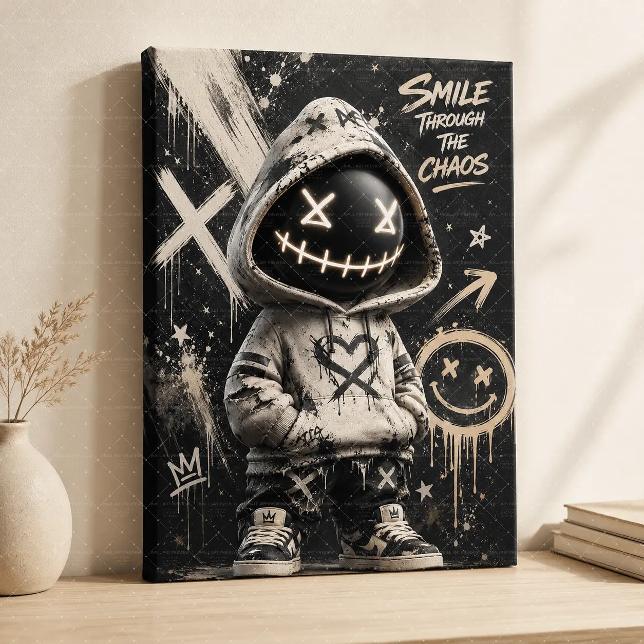 "Smile Through The Chaos Graffiti Canvas Art| Hoodie Character Print, Aesthetic Teen/Gaming Room Decor, Edgy Modern Statement Poster Gift",wall decor,poster.