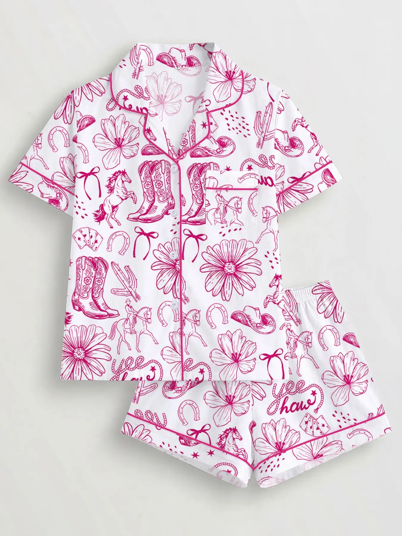 Women's Western Pattern Pajama Set, Pyjamas, Short Sleeve Button-Up Top & Elastic Shorts, Casual Homewear, Comfortable Sleepwear for All Seasons