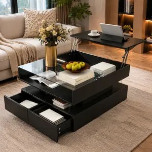 VIBE HAUS Lift-Top Adjustable Height Convertible Dual-Use Glass Coffee Table, Modern Square Transparent Glass+MDF High-Gloss Top, 2 Drawers, Hidden Storage, LED Lights for Living Room
