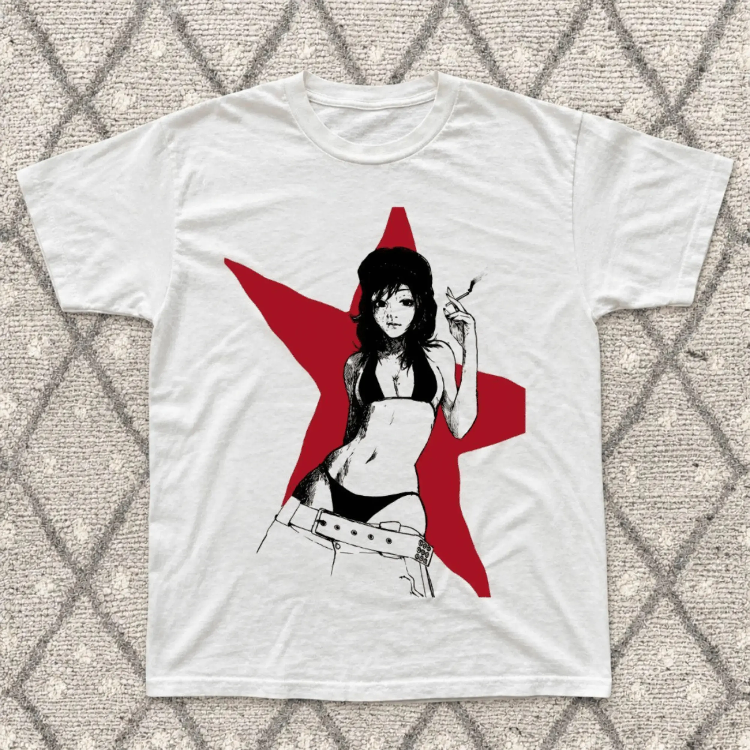 Unisex Short-Sleeve Vintage Graphic Print Tee - Anime Girl Cyberpunk Red Star Design, Alt Clothes, Emo Stuff, 2000s Shirts, Gothic Grunge Y2k Aesthetic Streetwear Sports Top, Otaku Gift, Graphic T Shirts