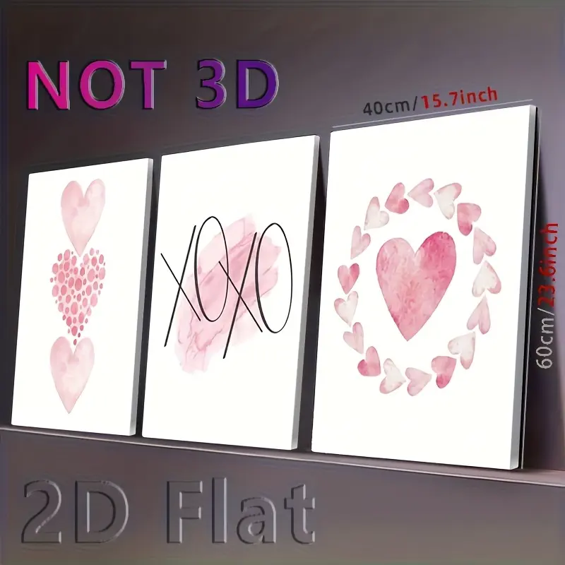 2D canvas, wall decor, 3-piece framed canvas painting, Valentine's Day wall art print, pink heart-shaped love poster, sweet watercolor canvas art painting, suitable for Valentine's Day, weddings, home decor, and gallery displays, ready to hang, canvas pri