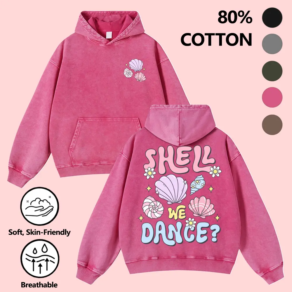 "Shell We Dance" Retro Seashell Graphic Vintage Washed Oversized Hoodie Vintage Washed Cute Ocean Shell Cartoon Front &Back Print Casual Oversized Hoodie 380g Autumn VIntage Washed Hoodie Graphic Sweatshirt