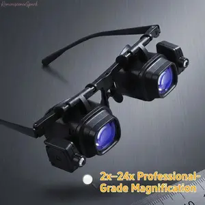 Headband Wearable Magnifier Glasses with interchangeable 2X to 24X acrylic lenses and built-in LED lamp, sturdy lightweight ABS construction, practical repair tool for cell phone maintenance, watch fixing and small electronic component inspection.