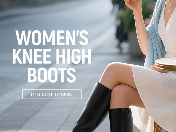 Athlefit Platform Knee High Boots for Women Round Toe Chunky Lug Sole Tall Boots with Side Zipper Black Walking Shoes