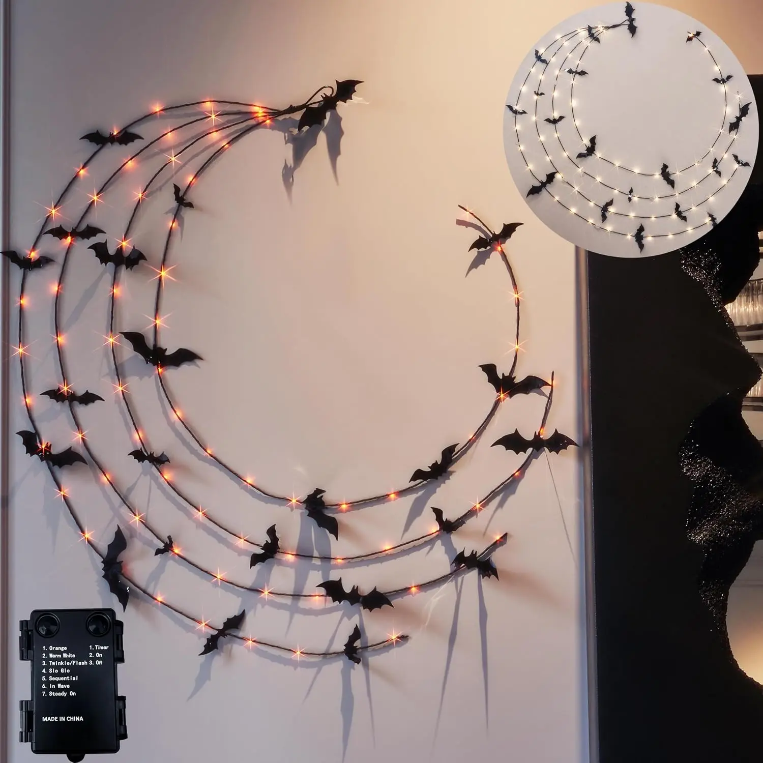 Lighted Halloween Garland with Bats  Operated with Timer, Black Garland with Lights 6FT 80 Orange and Warm White Fairy Lights 10 Functions for Wall Room Porch Halloween Decor