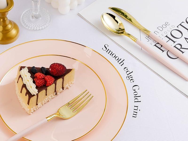 100PCS Pink & Gold Disposable Plates – 10.25" Dessert & Salad Plates with Gold Rim for Modern Dining