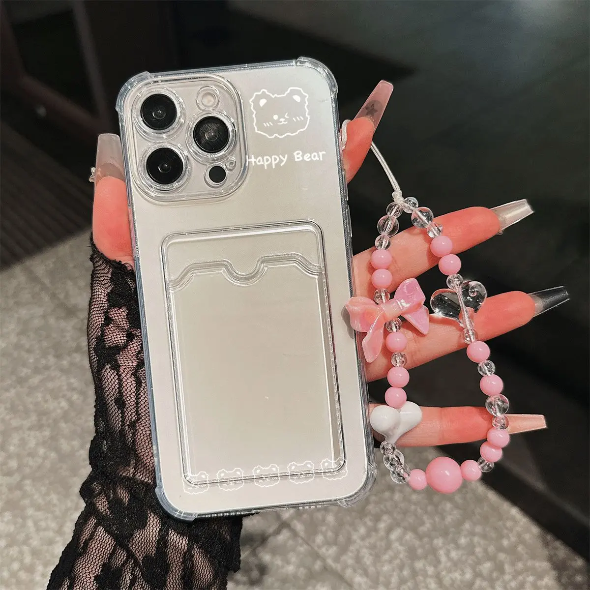Cute Happy Bear Card Holder Phone Case with Bead Lanyard Shockproof Protective Cover for iPhone11-17promax IPhone11/12/13/14/15/ Promax16/16Promax/16pro/16plus