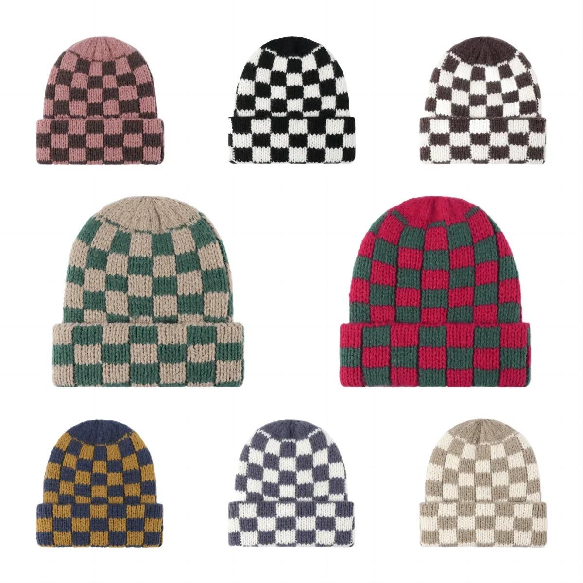 New Japanese Korean Winter Check Plaid Skullies Beanies Knit Hat for Women Ins Luxury Brand Y2k Bonnet Heavy Warm Hat Casual Cap