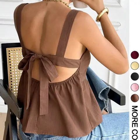 Sleeveless Gathered Waist Open Back Bow Tie Casual Chic Summer Top, Ladies' Streetwear