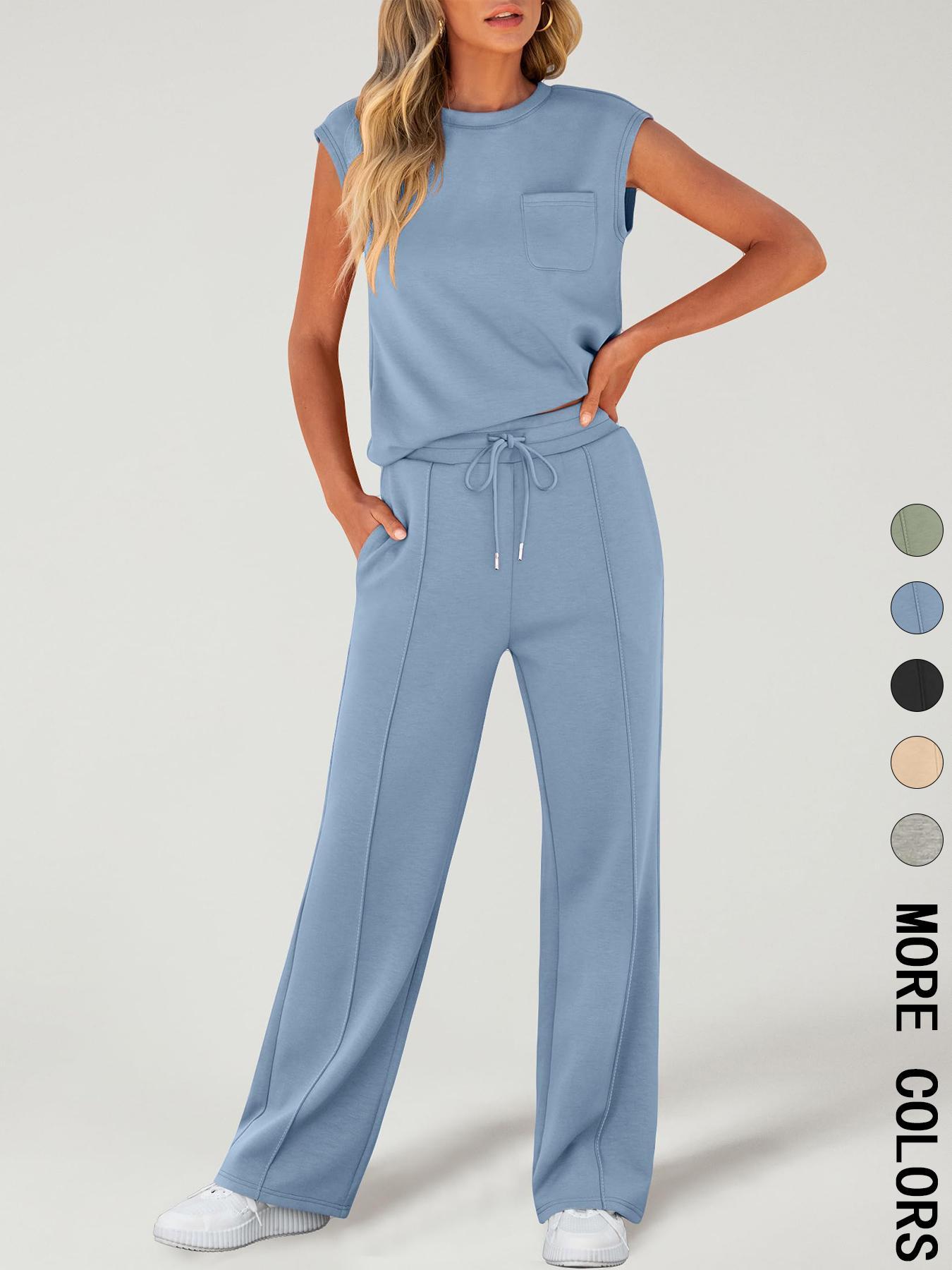 Women's Solid Fitted Tank Top with Pockets & Drawstring Waist Pants Two-piece Set, Casual Sleeveless Round Neck Top & Trousers for Daily Wear, Ladies Two-piece Outfits for All Seasons, Clothes, Womenswear Women's Solid Fitted Tank Top with Pockets & Drawstring Waist Pants Two-piece Set, Casual Sleeveless Round Neck Top & Trousers for Daily Wear, Ladies Two-piece Outfits for All Seasons, Clothes, Womenswear