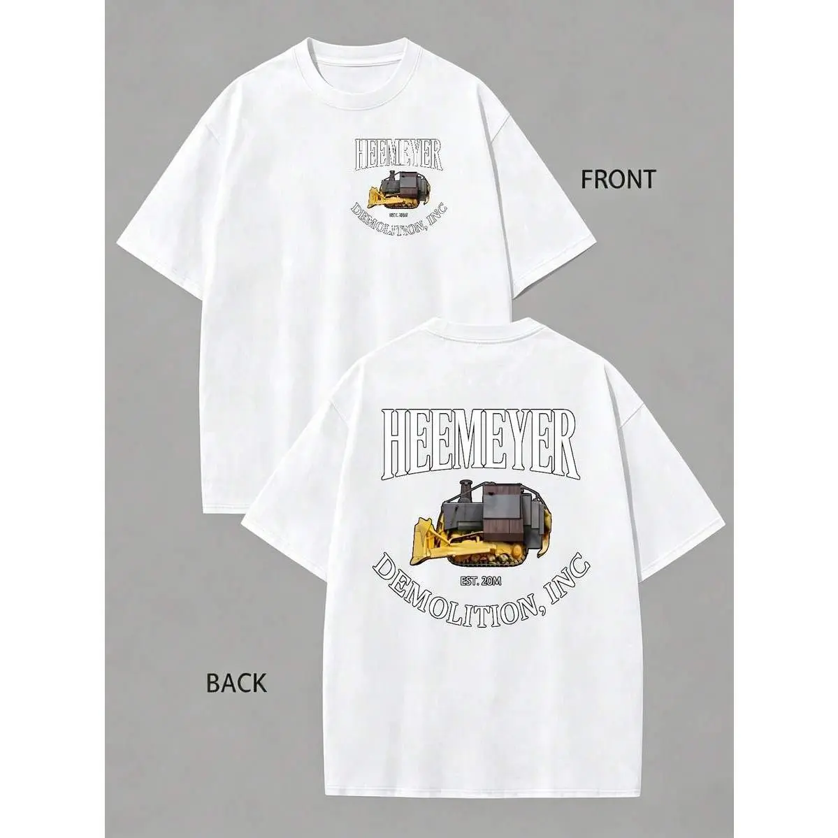 Men's Cotton T-Shirt Heemeyer Demolition Inc Graphic Print Vintage Industrial Style Bold Typography And Heavy Machinery Design