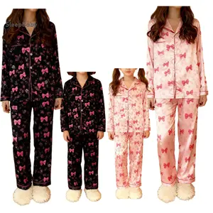 Mommy and Me Pajama Set, Festive Bow Print Polyester Satin Sleepwear, 2-Piece Long Sleeve Button Down Mother Daughter Loungewear